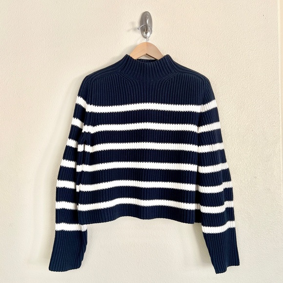 GWYN Lucy Striped Funnel Neck Sweater in Navy White - Picture 6 of 10